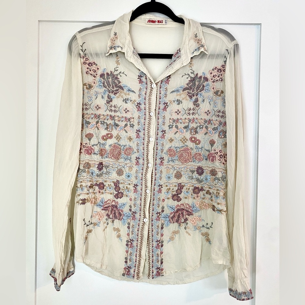Johnny Was sheer cream blouse, beautifully embroidered, unique